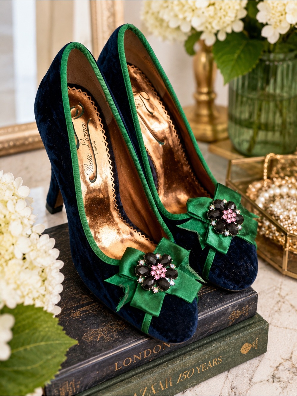 Poetic Licence  London Velvet Bow Heels Navy Blue Green Jeweled Pumps Statement